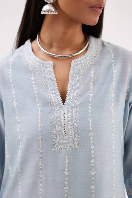Shop Kora Blue Silk, Cotton, Chanderi Sequins, Embroidery Round Straight Kurta Pant Set Online at Aza Fashions Shop_Kora_Blue Silk, Cotton, Chanderi Sequins, Embroidery Round Straight Kurta Pant Set _Online_at_Aza_Fashions