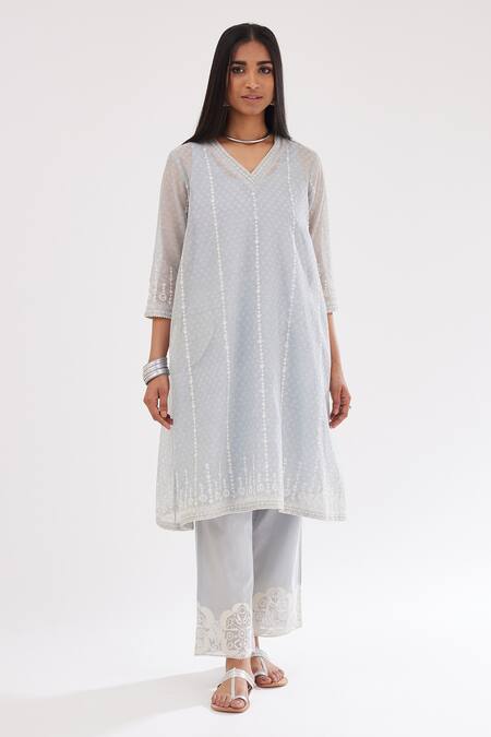Buy_Kora_Blue Cotton, Chanderi Sequins, Embroidery, Lace Round Kurta Set With Dupatta _Online_at_Aza_Fashions