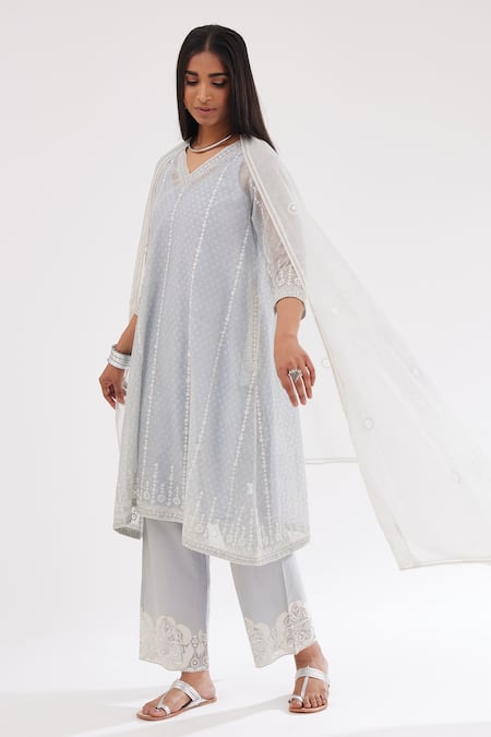Kora_Blue Cotton, Chanderi Sequins, Embroidery, Lace Round Kurta Set With Dupatta _at_Aza_Fashions
