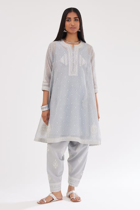 Kora Blue Cotton, Chanderi Sequins, Embroidery Round Printed Short Kalidar Kurta Set Online at Aza Fashions Kora_Blue Cotton, Chanderi Sequins, Embroidery Round Printed Short Kalidar Kurta Set _Online_at_Aza_Fashions