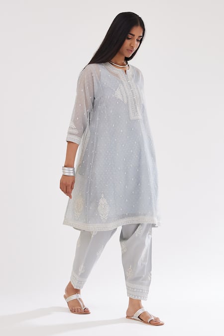 Buy Kora Blue Cotton, Chanderi Sequins, Embroidery Round Printed Short Kalidar Kurta Set Online at Aza Fashions Buy_Kora_Blue Cotton, Chanderi Sequins, Embroidery Round Printed Short Kalidar Kurta Set _Online_at_Aza_Fashions