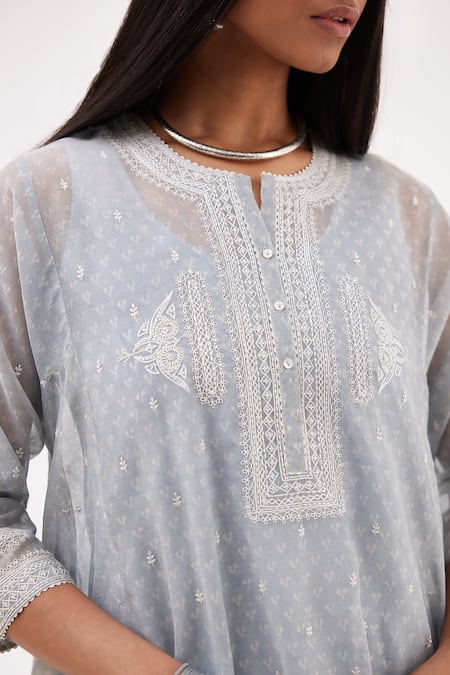 Shop Kora Blue Cotton, Chanderi Sequins, Embroidery Round Printed Short Kalidar Kurta Set Online at Aza Fashions Shop_Kora_Blue Cotton, Chanderi Sequins, Embroidery Round Printed Short Kalidar Kurta Set _Online_at_Aza_Fashions
