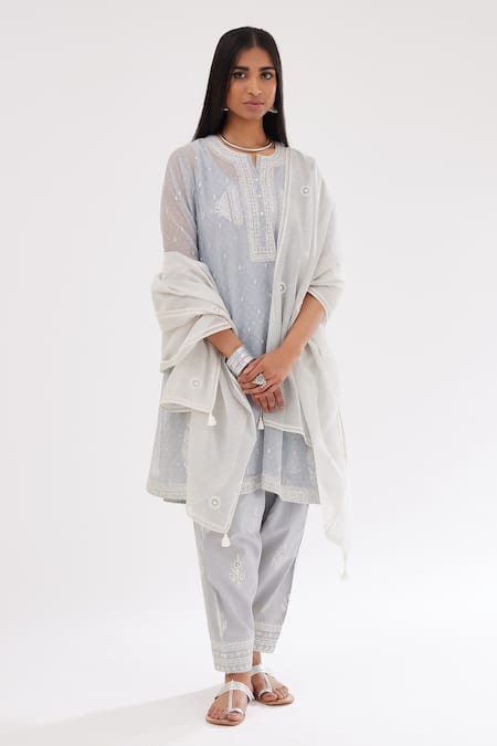 Buy Kora Blue Cotton, Chanderi Sequins, Embroidery Round Printed Short Kalidar Kurta Set Buy_Kora_Blue Cotton, Chanderi Sequins, Embroidery Round Printed Short Kalidar Kurta Set