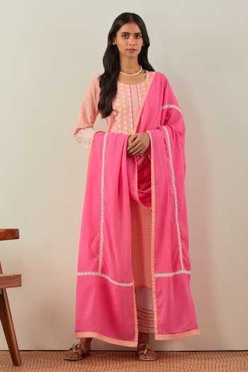 Peach floral embroidered Chikankari cotton kurta set offering elegance