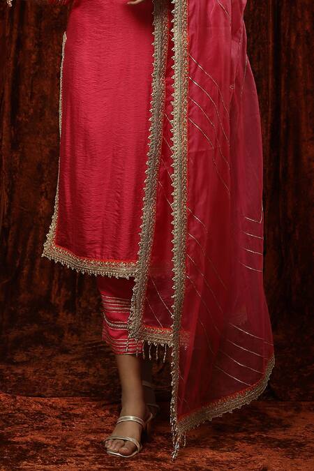 Buy Shikhar Sharma Pink Silk Chanderi Embroidered Pearl V Neck Kurta Pant Set Buy_Shikhar Sharma_Pink Silk Chanderi Embroidered Pearl V Neck Kurta Pant Set