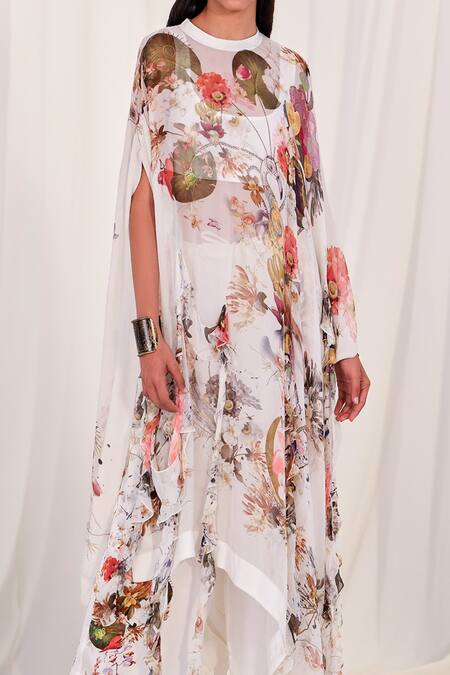 Shop AK-OK White Silk Embroidery Round Neck Top And Trouser Set With Floral Print Kaftan Online at Aza Fashions Shop_AK-OK_White Silk Embroidery Round Neck Top And Trouser Set With Floral Print Kaftan _Online_at_Aza_Fashions