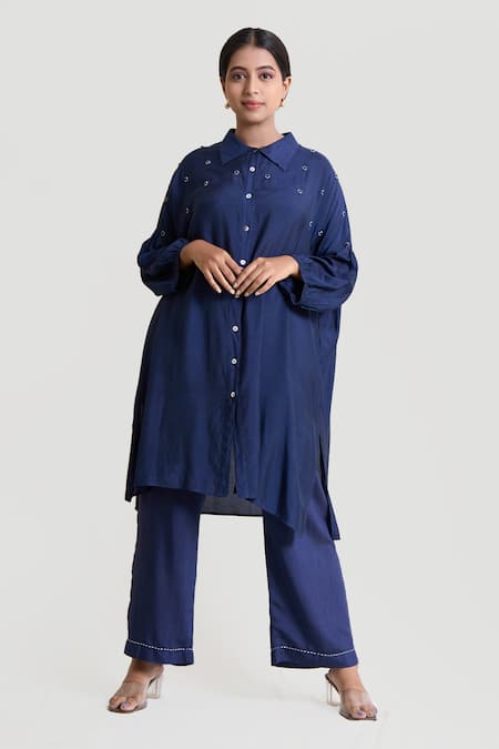 Brij Blue Silk Pearls Collared Box Fit Embellished Tunic And Pant Set Online at Aza Fashions Brij_Blue Silk Pearls Collared Box Fit Embellished Tunic And Pant Set _Online_at_Aza_Fashions