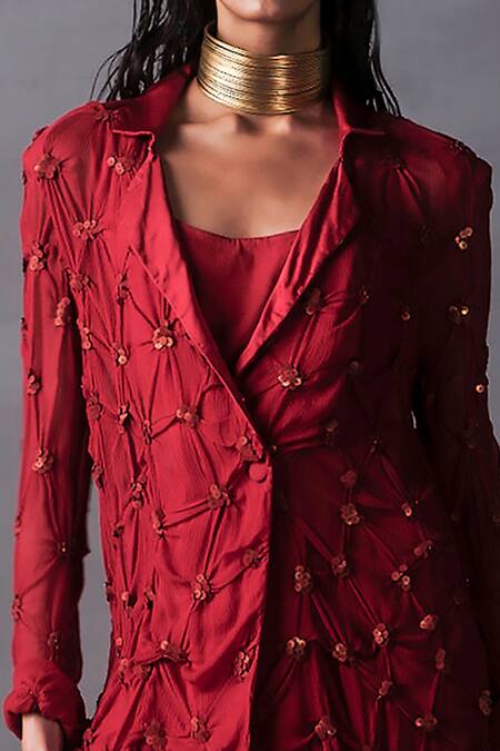 AK-OK_Red Silk Embroidery, Sequins Collared Draped Blazer And Skirt Set _Online_at_Aza_Fashions