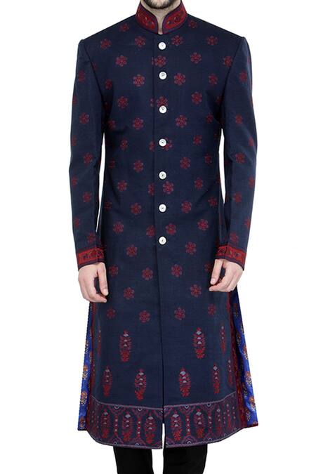 Buy A!A By Abrar Ali Blue Cotton Linen Embroidery Aari Floral Sherwani Online at Aza Fashions Buy_A!A By Abrar Ali_Blue Cotton Linen Embroidery Aari Floral Sherwani_Online_at_Aza_Fashions