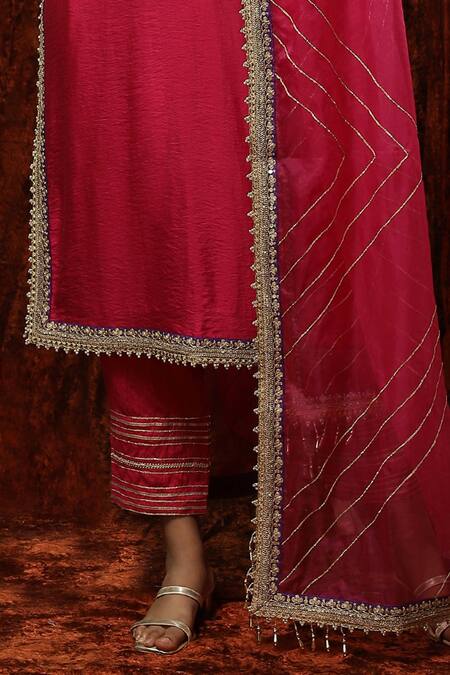 Buy Shikhar Sharma Pink Silk Chanderi Embroidered Pearl Round Neck Kurta Pant Set Buy_Shikhar Sharma_Pink Silk Chanderi Embroidered Pearl Round Neck Kurta Pant Set