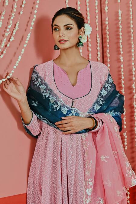 Shop Myaara Pink Georgette, Cotton, Organza Sequins, Embroidery Split V-neck Anarkali Set Online at Aza Fashions Shop_Myaara_Pink Georgette, Cotton, Organza Sequins, Embroidery Split V-neck Anarkali Set _Online_at_Aza_Fashions