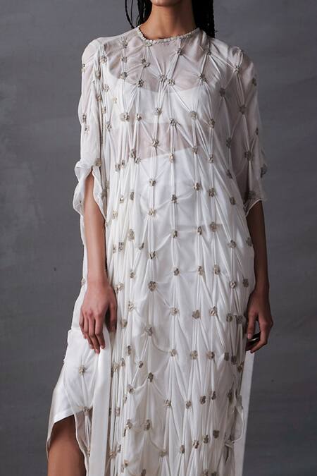 Shop_AK-OK_White Chiffon Sequins Round Neck Crop Top Skirt Set With Slip Dress _Online_at_Aza_Fashions