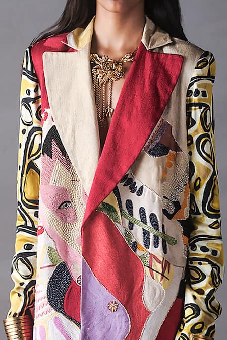 Buy_AK-OK_Red Satin Embroidery Graphic Print Blazer _Online_at_Aza_Fashions