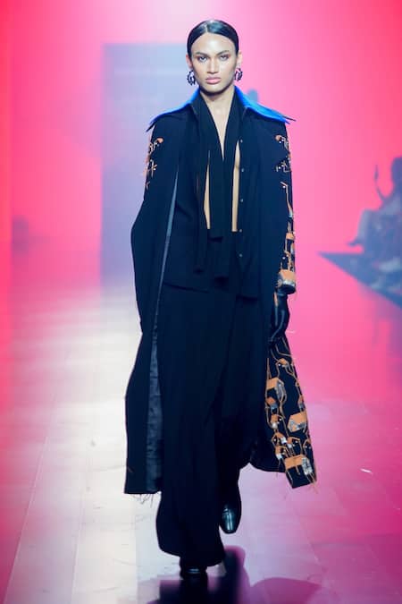 Buy_Shahin Mannan_Black Crepe Embroidery Collared Contrast Shirt _Online_at_Aza_Fashions