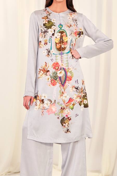 Shop AK-OK Blue Silk Embroidery Round Neck Flower Print Kurta With Trouser Online at Aza Fashions Shop_AK-OK_Blue Silk Embroidery Round Neck Flower Print Kurta With Trouser _Online_at_Aza_Fashions