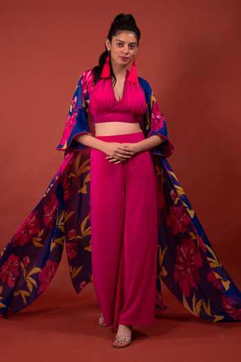Buy_Rimi Nayak_Blue Organza Embroidery Open Neck Chrysanthemum Floral Print Overlay _Online_at_Aza_Fashions