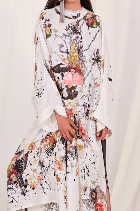 Shop_AK-OK_White Silk Embroidery Round Neck Flower And Ostrich Print Top With Skirt _Online_at_Aza_Fashions