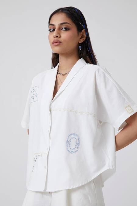 Shop The Summer House White Handloom Cotton Embroidery Cowl Neck Kati Cuban Collar Shirt Online at Aza Fashions Shop_The Summer House_White Handloom Cotton Embroidery Cowl Neck Kati Cuban Collar Shirt _Online_at_Aza_Fashions