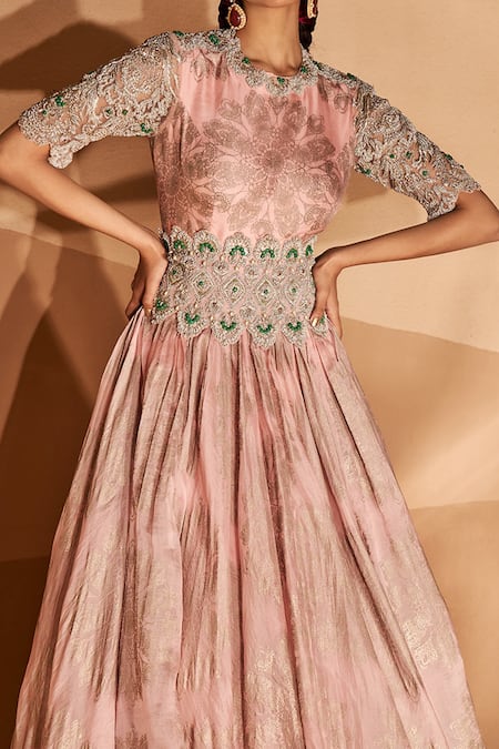 Buy_Bhumika Sharma_Pink Organza Embroidery, Pearls, Beads Round Neck Tara Print Anarkali With Belt 