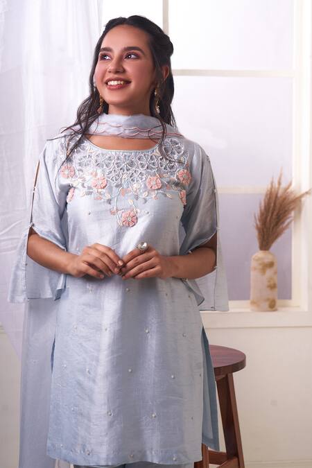 Geetika Jain_Blue Silk, Organza Cut Work, Embroidery, Sequins Round Neck Kurta Pant Set_Online_at_Aza_Fashions