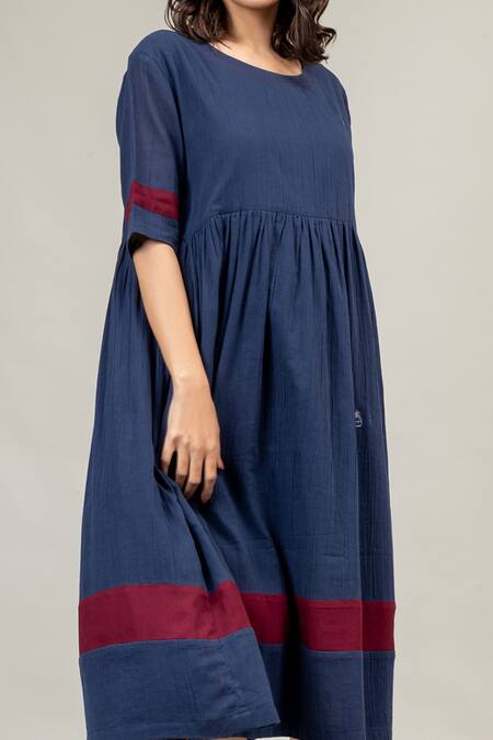 Doodlage Blue Cotton Round Neck Jess Gathered Dress at Aza Fashions Doodlage_Blue Cotton Round Neck Jess Gathered Dress _at_Aza_Fashions