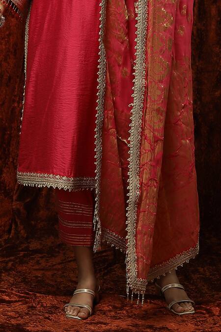Buy Shikhar Sharma Pink Silk, Georgette, Chanderi Pearls, Embroidery, Gota Patti, Kurta Pant Set Buy_Shikhar Sharma_Pink Silk, Georgette, Chanderi Pearls, Embroidery, Gota Patti, Kurta Pant Set