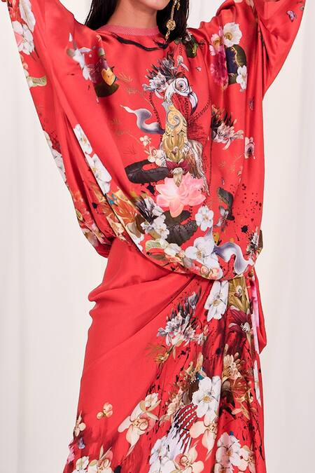Shop AK-OK Red Silk Round Neck Flower And Ostrich Print Top & Skirt Set Online at Aza Fashions Shop_AK-OK_Red Silk Round Neck Flower And Ostrich Print Top & Skirt Set _Online_at_Aza_Fashions