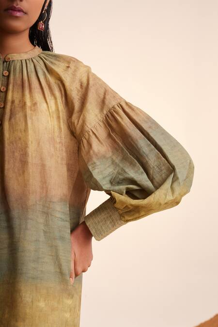 Cord_Yellow Cotton Collared Impression Print Tunic And Pant Set_at_Aza_Fashions