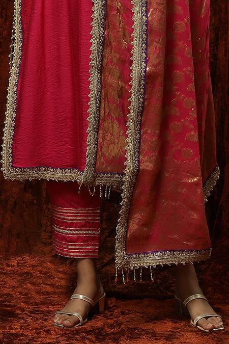 Buy Shikhar Sharma Pink Silk Chanderi Embroidered Pearl Leaf Neck Kurta Pant Set Buy_Shikhar Sharma_Pink Silk Chanderi Embroidered Pearl Leaf Neck Kurta Pant Set
