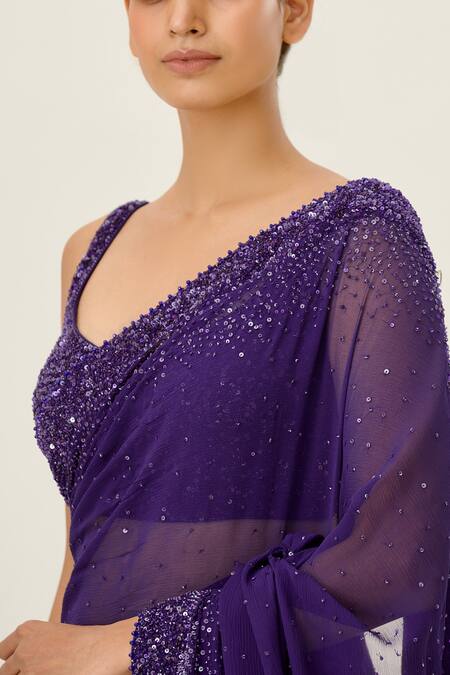 Shop_Nakul Sen_Purple Chiffon Sequin Embellished Saree With Blouse_Online_at_Aza_Fashions