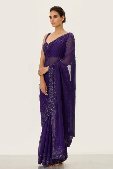 Buy_Nakul Sen_Purple Chiffon Sequin Embellished Saree With Blouse_Online_at_Aza_Fashions