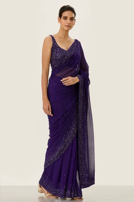 Nakul Sen_Purple Chiffon Sequin Embellished Saree With Blouse_Online_at_Aza_Fashions