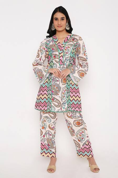 Bha Sha_Ivory Modal, Satin Lace V-neck Star Chevron Print Tunic And Pant Set _Online_at_Aza_Fashions