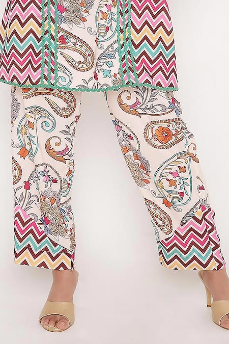 Shop_Bha Sha_Ivory Modal, Satin Lace V-neck Star Chevron Print Tunic And Pant Set _Online_at_Aza_Fashions