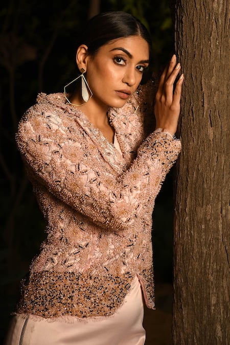 House of Exotique Pink Net Crystals, Sequins Embellished Double Breasted Blazer Online at Aza Fashions House of Exotique_Pink Net Crystals, Sequins Embellished Double Breasted Blazer _Online_at_Aza_Fashions