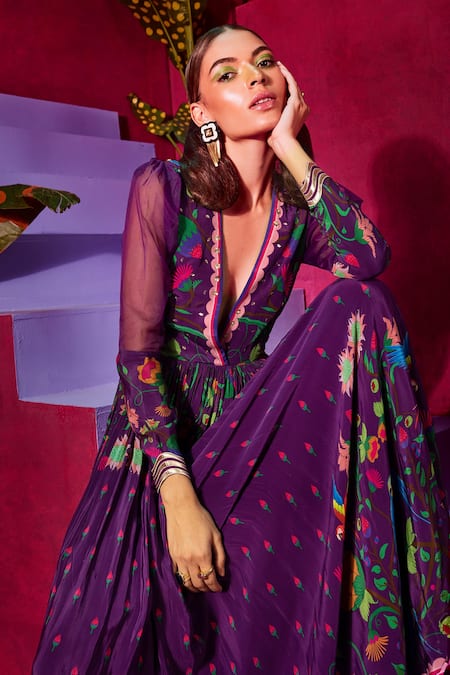 Limerick By Abirr N' Nanki_Purple Crepe And Organza Floral Print V Neck Fleur Maxi Dress _Online_at_Aza_Fashions