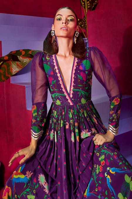 Shop_Limerick By Abirr N' Nanki_Purple Crepe And Organza Floral Print V Neck Fleur Maxi Dress _Online_at_Aza_Fashions