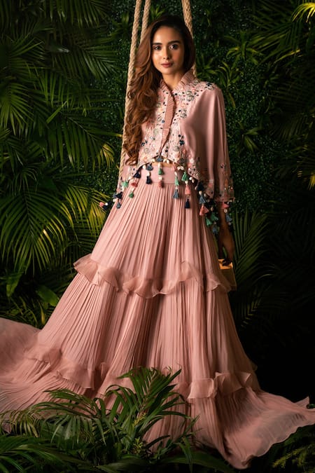 Pallavi Poddar_Purple Organza Daffodil Embroidered Cape And Tiered Skirt Set _Online_at_Aza_Fashions