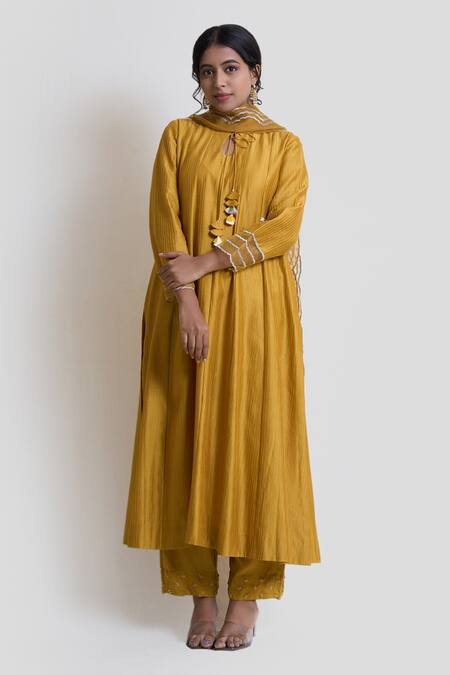 Brij Yellow Chanderi Silk, Organza, Spandex Pearls, Cut Work, Kantha Kurta Pant Set Online at Aza Fashions Brij_Yellow Chanderi Silk, Organza, Spandex Pearls, Cut Work, Kantha Kurta Pant Set_Online_at_Aza_Fashions