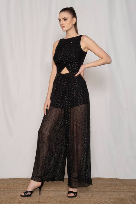 Buy Amrta By Guneet Kondal Black Viscose, Georgette Round Neck Front Cut Out Jumpsuit Online at Aza Fashions Buy_Amrta By Guneet Kondal_Black Viscose, Georgette Round Neck Front Cut Out Jumpsuit _Online_at_Aza_Fashions