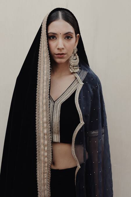 Shrutkirti Blue Silk, Velvet, Organza Sequins, Embroidery Zoya Embellished Lehenga Set at Aza Fashions Shrutkirti_Blue Silk, Velvet, Organza Sequins, Embroidery Zoya Embellished Lehenga Set_at_Aza_Fashions