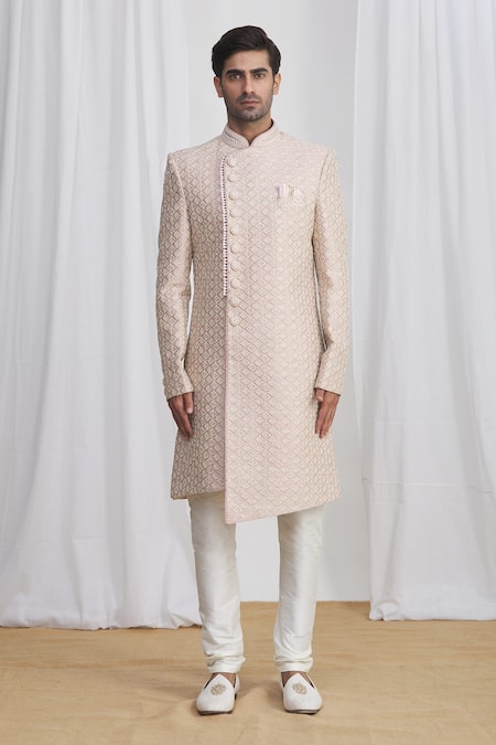 Arihant Rai Sinha_Pink Brocade, Silk Embroidery Sherwani Set _Online_at_Aza_Fashions