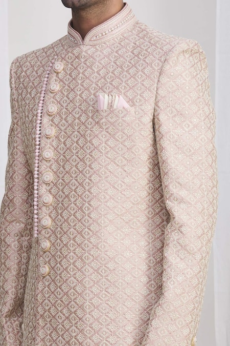 Shop_Arihant Rai Sinha_Pink Brocade, Silk Embroidery Sherwani Set _Online_at_Aza_Fashions