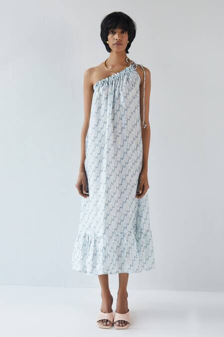 Buy_Reistor_Blue Bemberg Satin Asymmetric One Shoulder Printed Dress_Online_at_Aza_Fashions