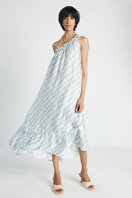 Shop_Reistor_Blue Bemberg Satin Asymmetric One Shoulder Printed Dress_Online_at_Aza_Fashions