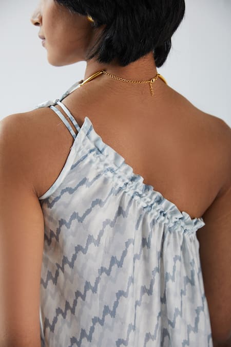 Reistor_Blue Bemberg Satin Asymmetric One Shoulder Printed Dress_at_Aza_Fashions