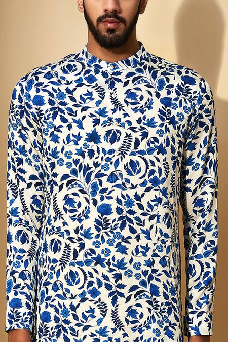 Shop_Dhruv Vaish_Beige Satin, Terry Floral Print Kurta Set _Online_at_Aza_Fashions