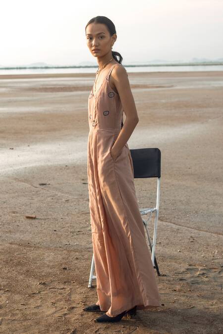 Buy_The Loom Art_Beige Cotton Silk Boat Embroidered Jumpsuit _Online_at_Aza_Fashions