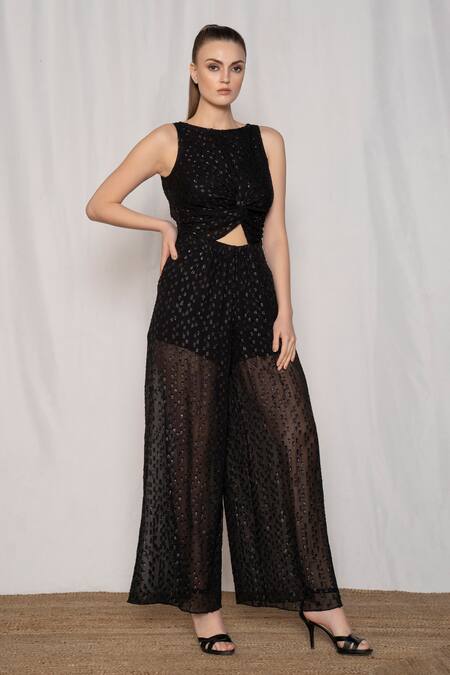Shop Amrta By Guneet Kondal Black Viscose, Georgette Round Neck Front Cut Out Jumpsuit Online at Aza Fashions Shop_Amrta By Guneet Kondal_Black Viscose, Georgette Round Neck Front Cut Out Jumpsuit _Online_at_Aza_Fashions