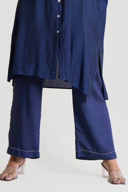 Shop Brij Blue Silk Pearls Collared Box Fit Embellished Tunic And Pant Set Online at Aza Fashions Shop_Brij_Blue Silk Pearls Collared Box Fit Embellished Tunic And Pant Set _Online_at_Aza_Fashions